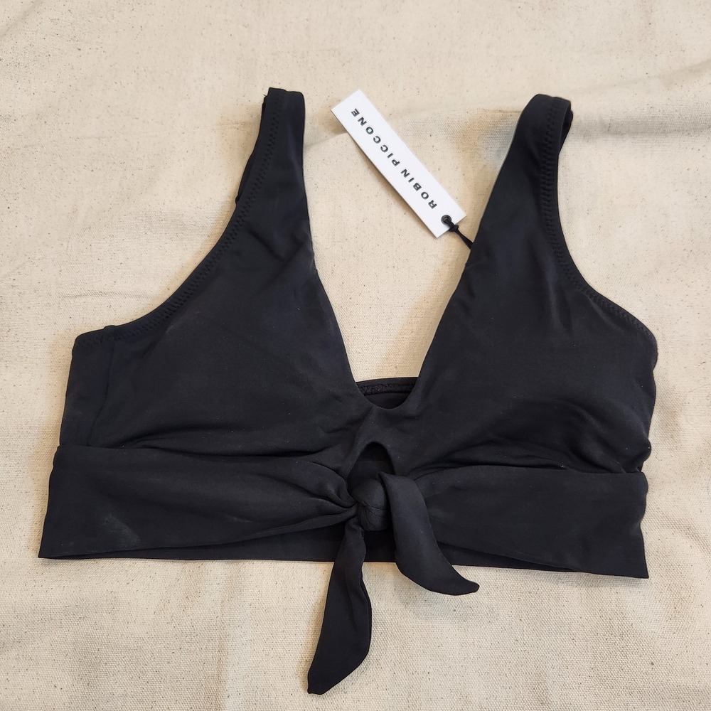 New M Robin Piccone Black Tie-Front Bikini Swim Top Medium Tie NWT